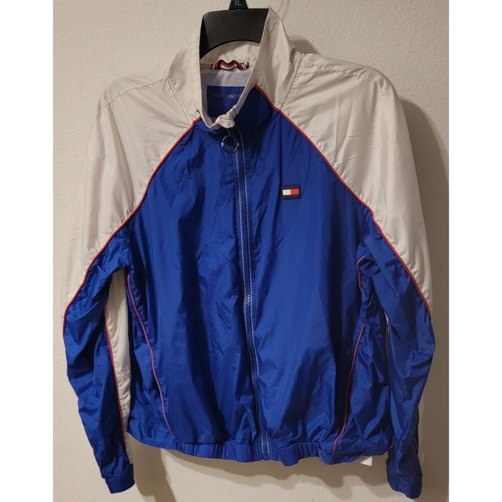 Tommy Hilfiger Flag Logo Sport Blue White Womens Full Zip Windbreaker Jacket XL